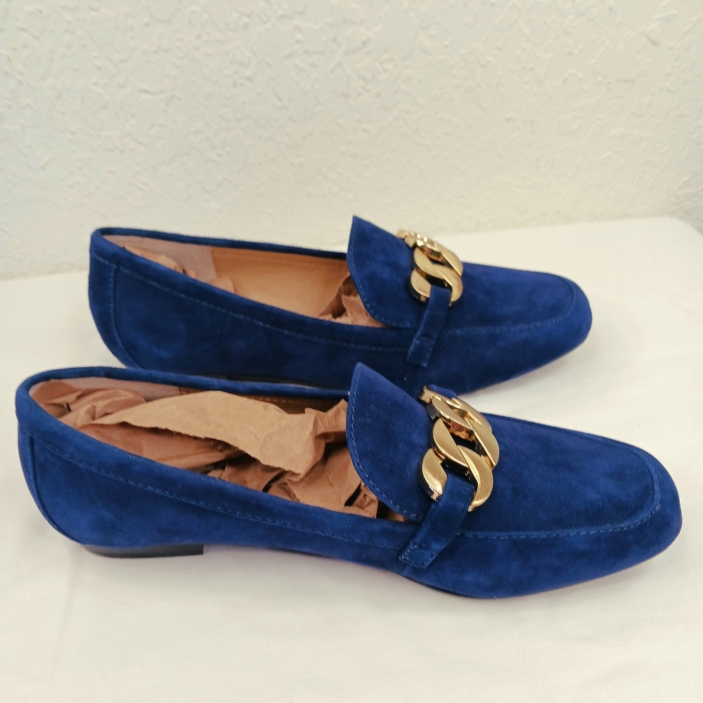 Slip On Loafers Shoes 7 Adrienne Vittadini Blue Suede Gold Chain Detail - Picture 5 of 11
